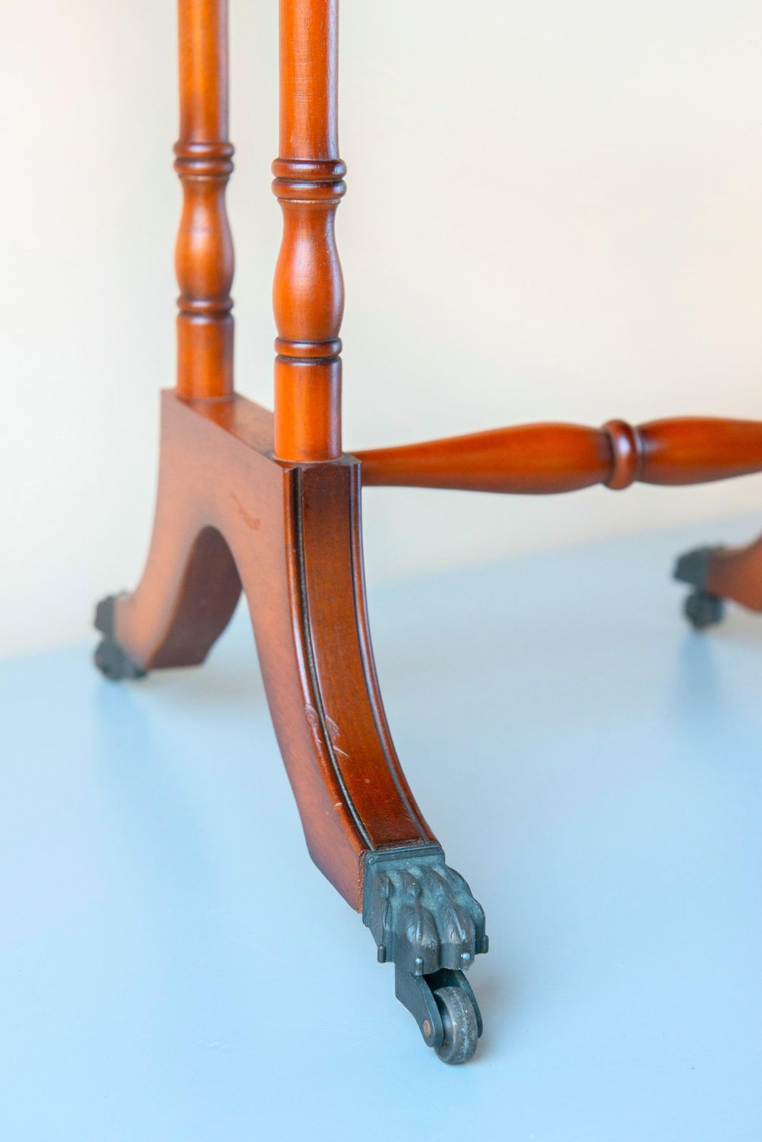 666.0 English Mahogany Pembroke Table – Victorian Style Drop Leaf Side Table   Leather Inlay, Turned Legs, Drawer, And Claw Casters photo