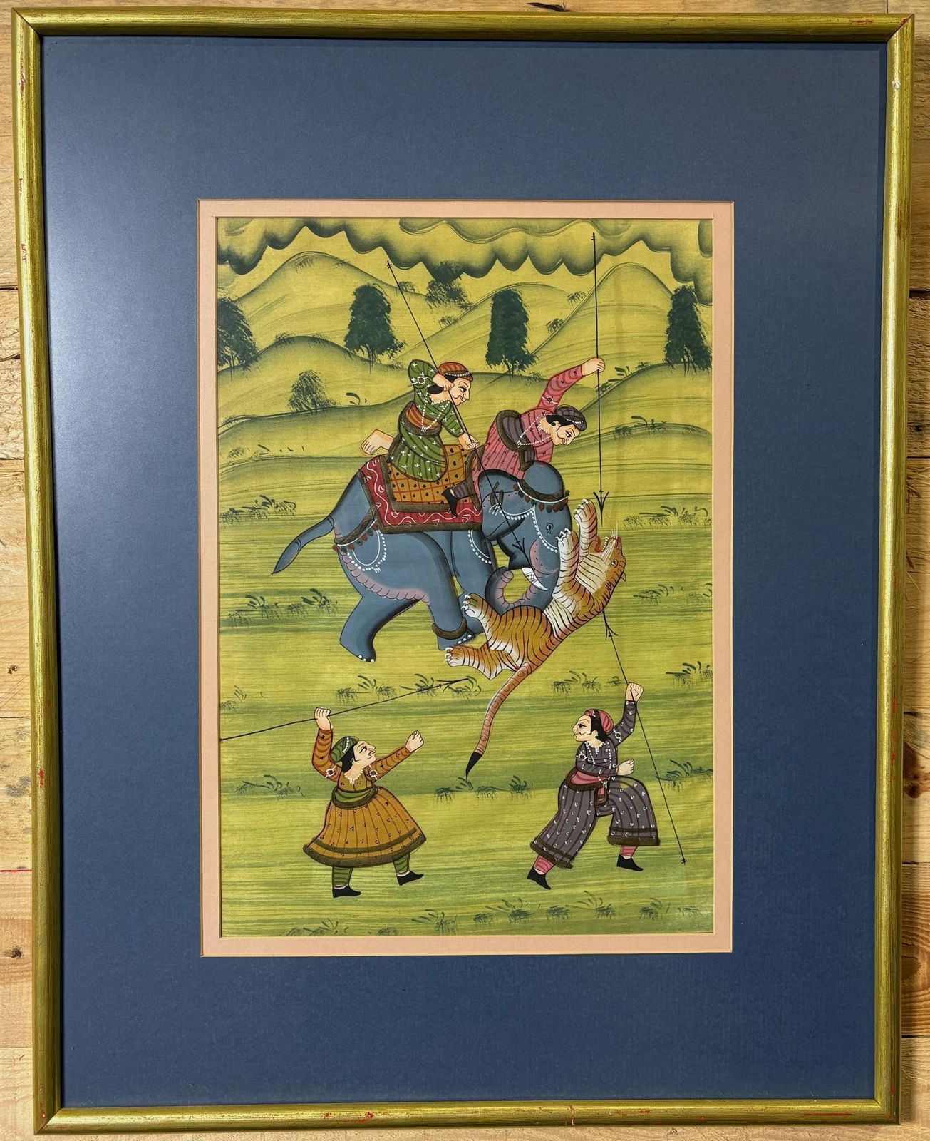 Pair Of Mughal‑Style Silk Paintings, “Tiger Hunt”, India, C. 1985–1990 photo Art