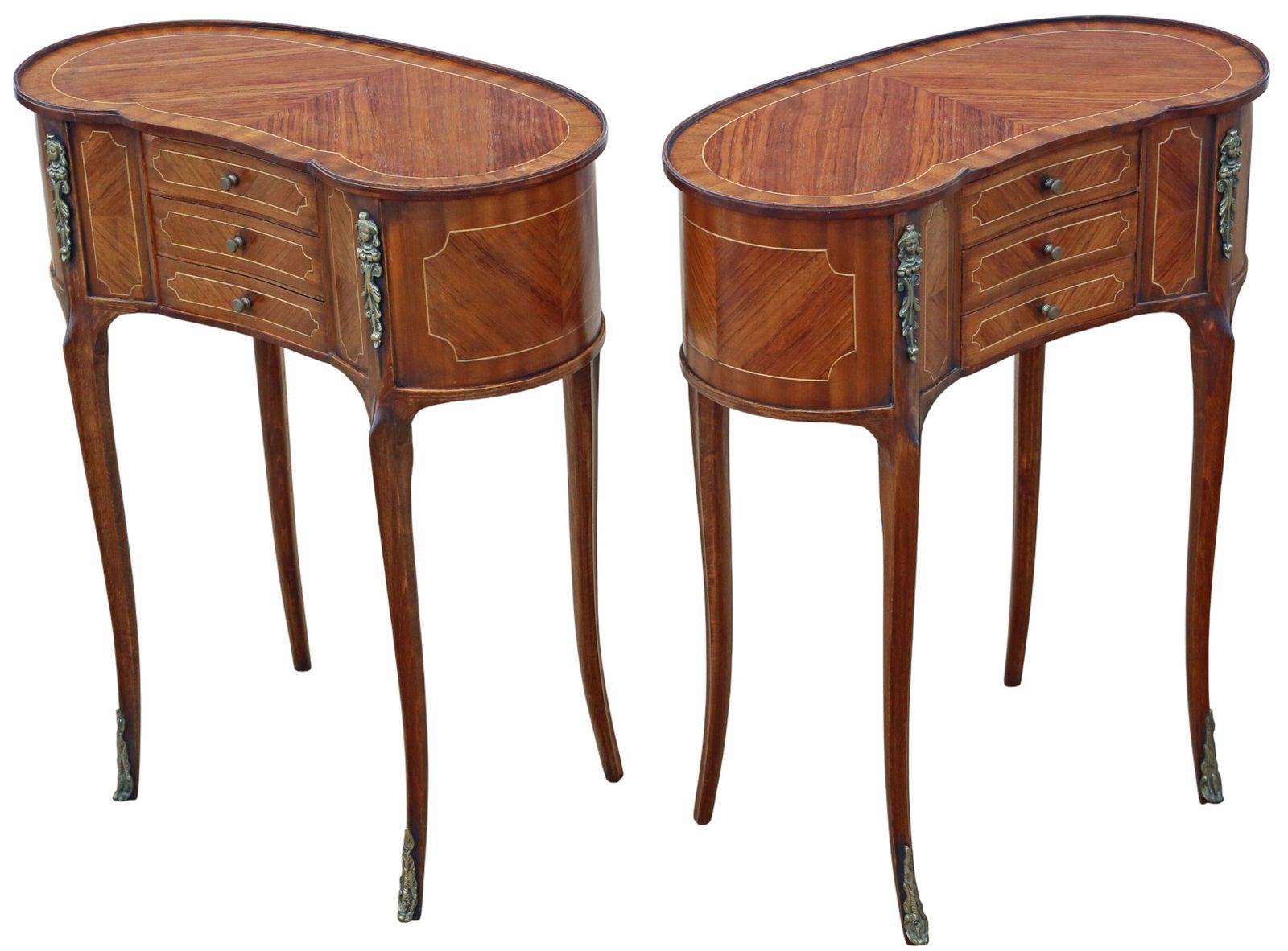 Antique C.1925 Pair Of Kidney Shaped Inlaid Veneer Bedside Tables / Cupboards – Fine Quality Nightstands photo furniture