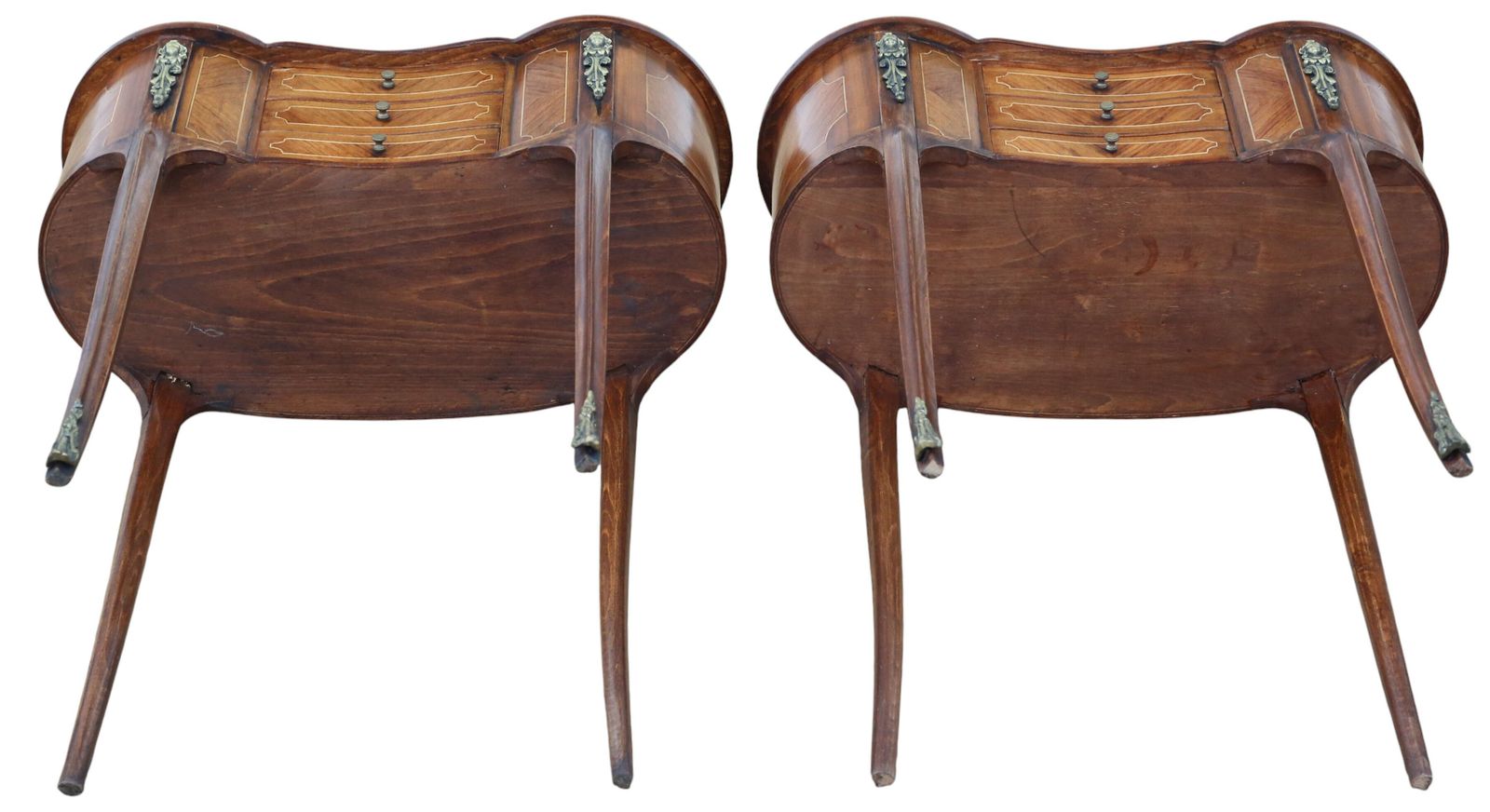 Antique C.1925 Pair Of Kidney Shaped Inlaid Veneer Bedside Tables / Cupboards – Fine Quality Nightstands photo vinterior