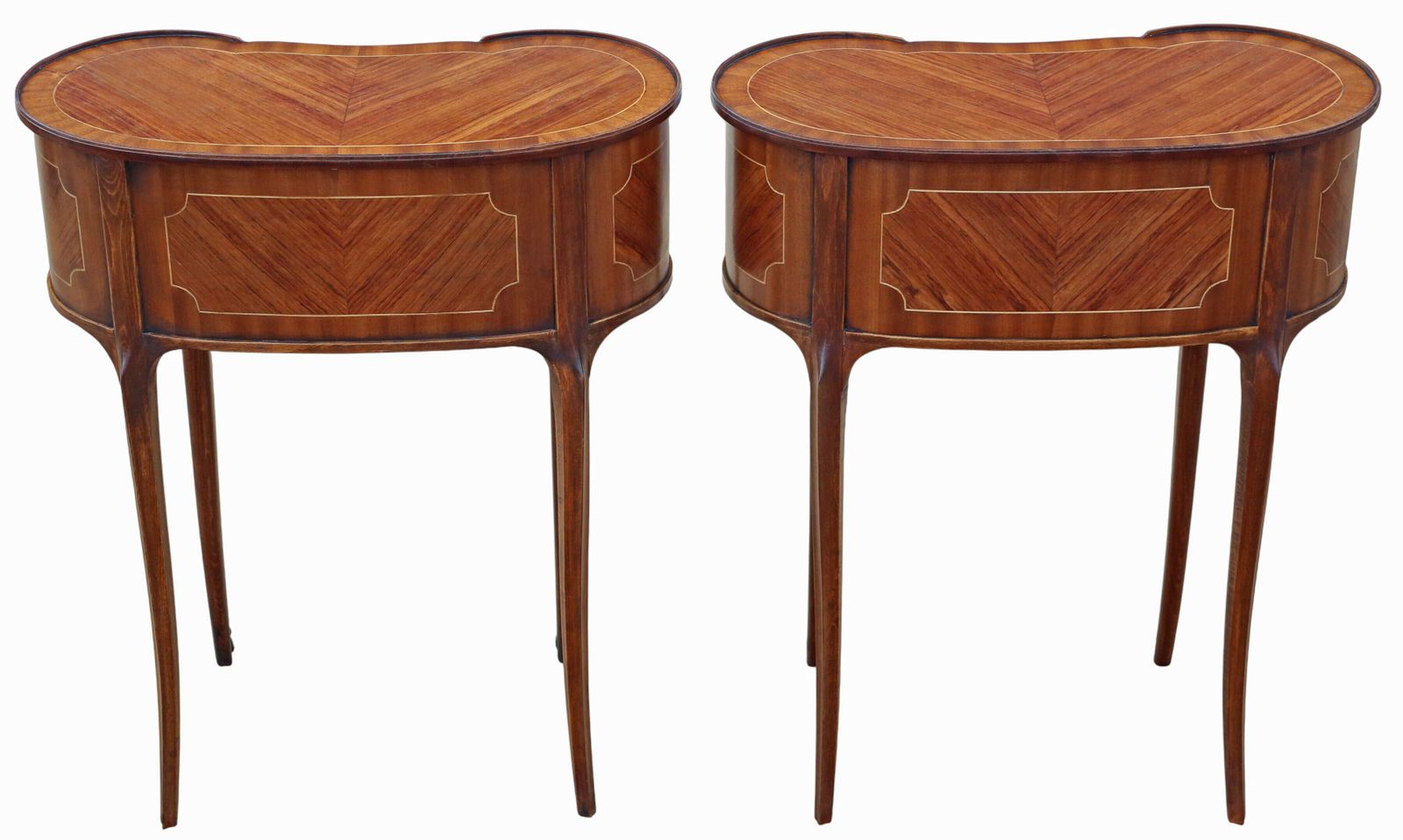 photo for sale Antique C.1925 Pair Of Kidney Shaped Inlaid Veneer Bedside Tables / Cupboards – Fine Quality Nightstands