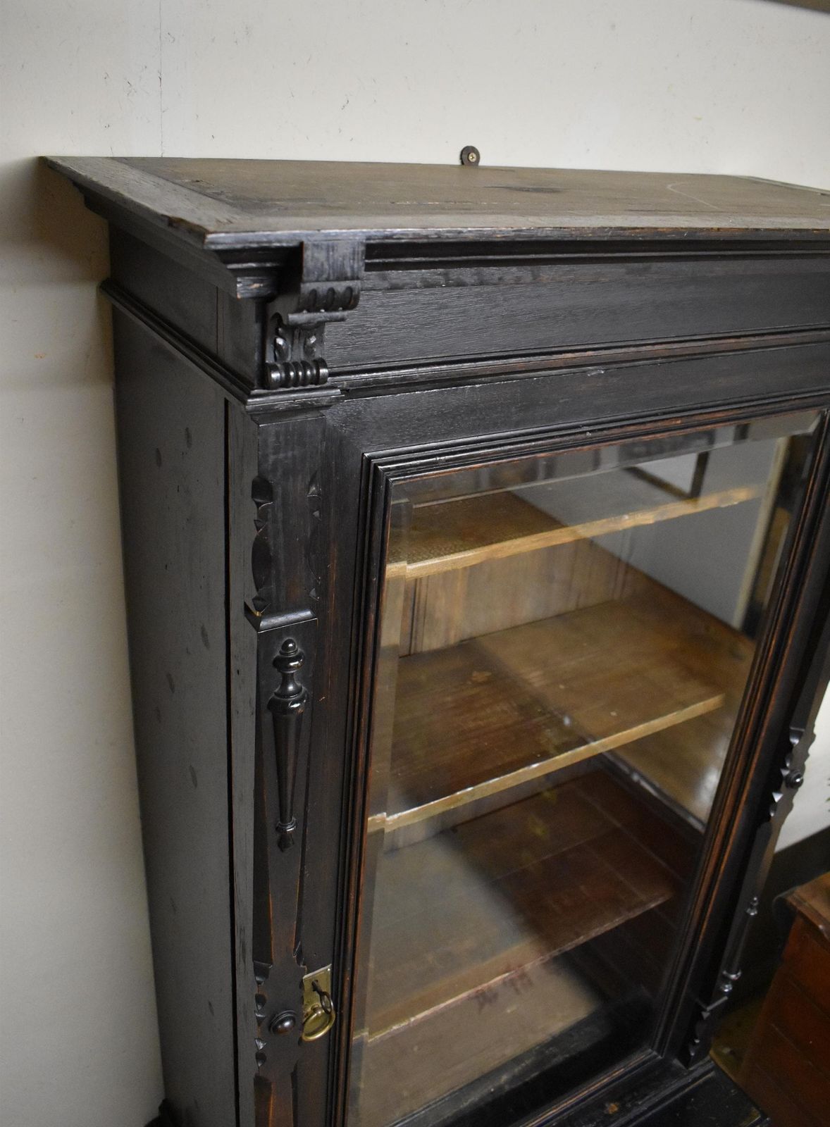 photo buy 19th Century Antique Ebonised Oak Glazed Gun Cabinet   Display Bookcase