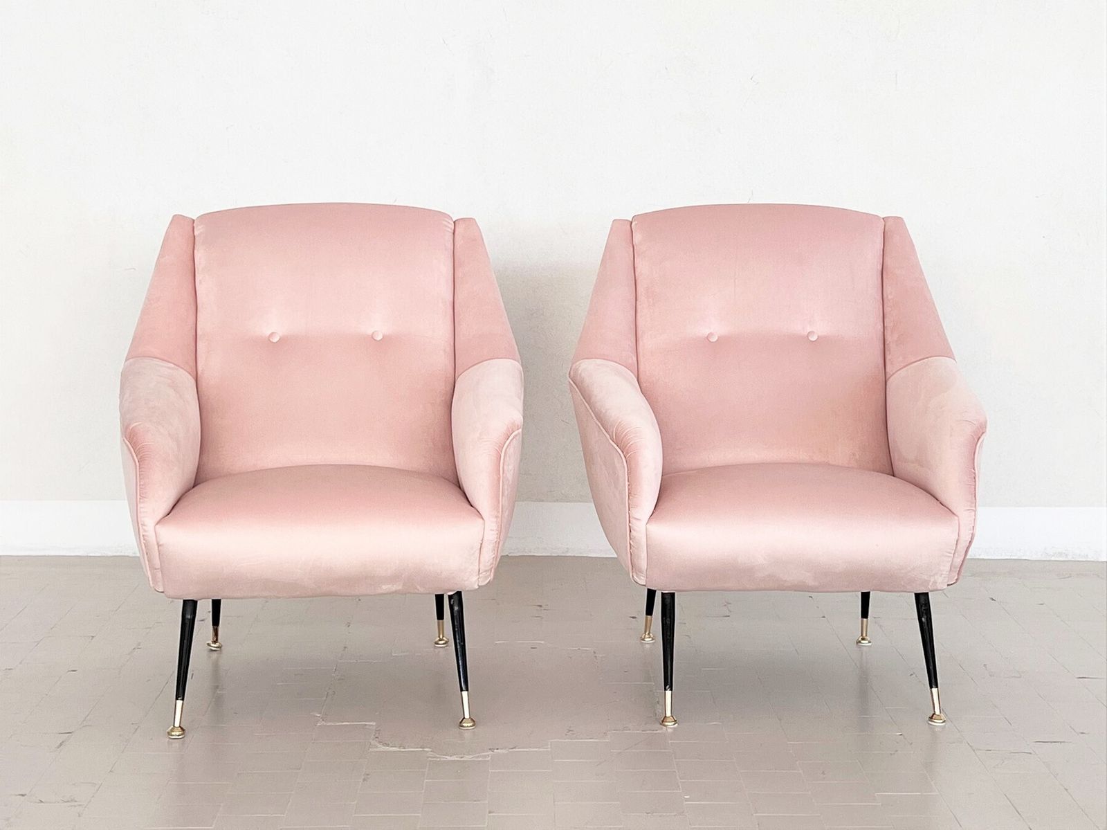Italian Midcentury Armchairs In Soft Pink Velvet And Brass Tips, 1950s photo vintage
