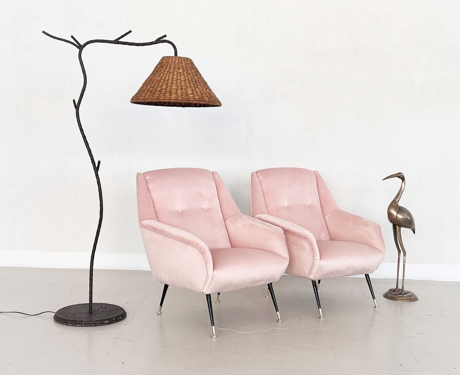 photo for sale Italian Midcentury Armchairs In Soft Pink Velvet And Brass Tips, 1950s