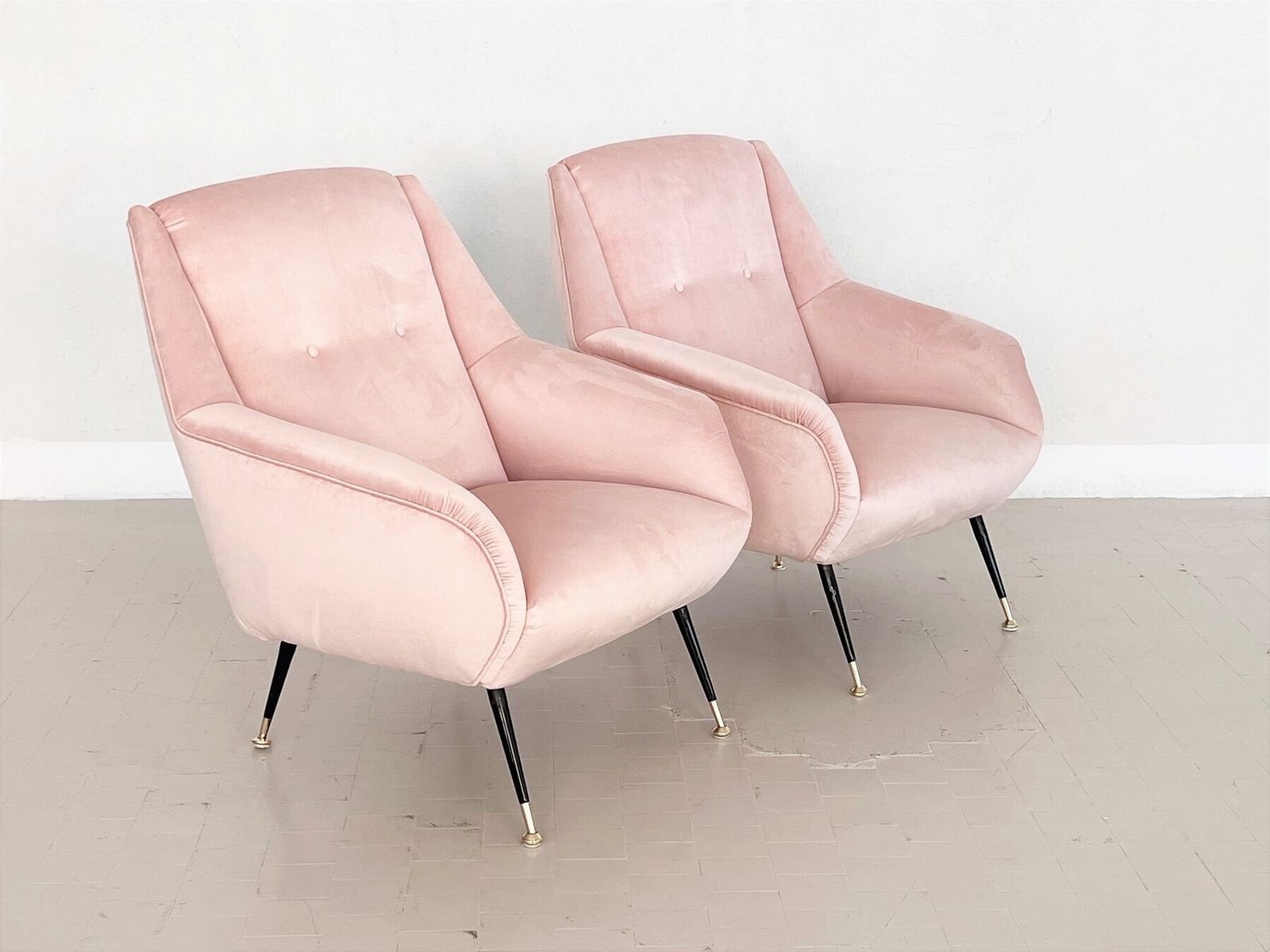 photo buy Italian Midcentury Armchairs In Soft Pink Velvet And Brass Tips, 1950s