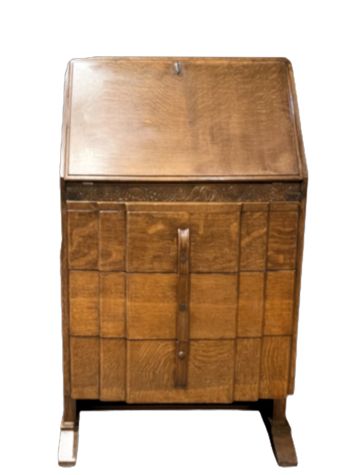 Antique Solid Oak Bureau Desk, Three Chest Of Drawers With Original Key photo furniture