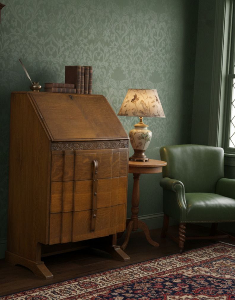 Antique Solid Oak Bureau Desk, Three Chest Of Drawers With Original Key photo buy
