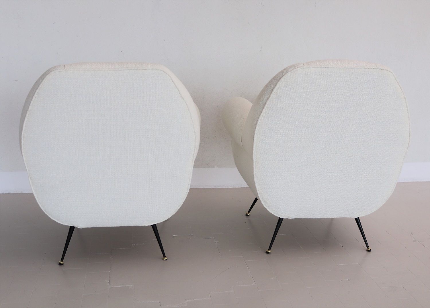 Italian Midcentury Armchairs In Off White Upholstery And Brass Stiletto Feet, 1950s photo buy