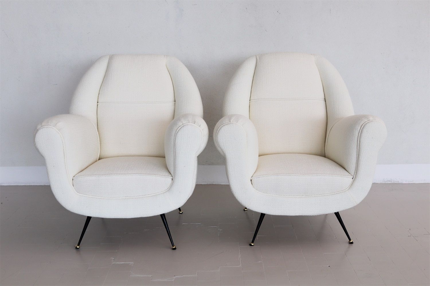 photo for sale Italian Midcentury Armchairs In Off White Upholstery And Brass Stiletto Feet, 1950s