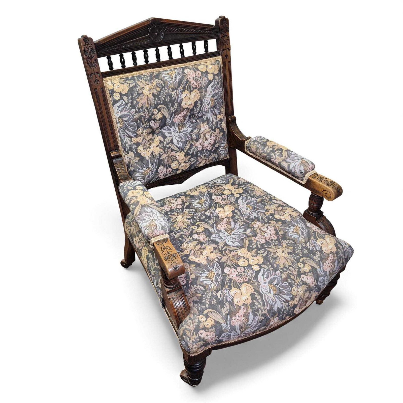 Victorian Oak Nursing Chair – Carved Armchair With Floral Upholstery & Castors photo Furniture