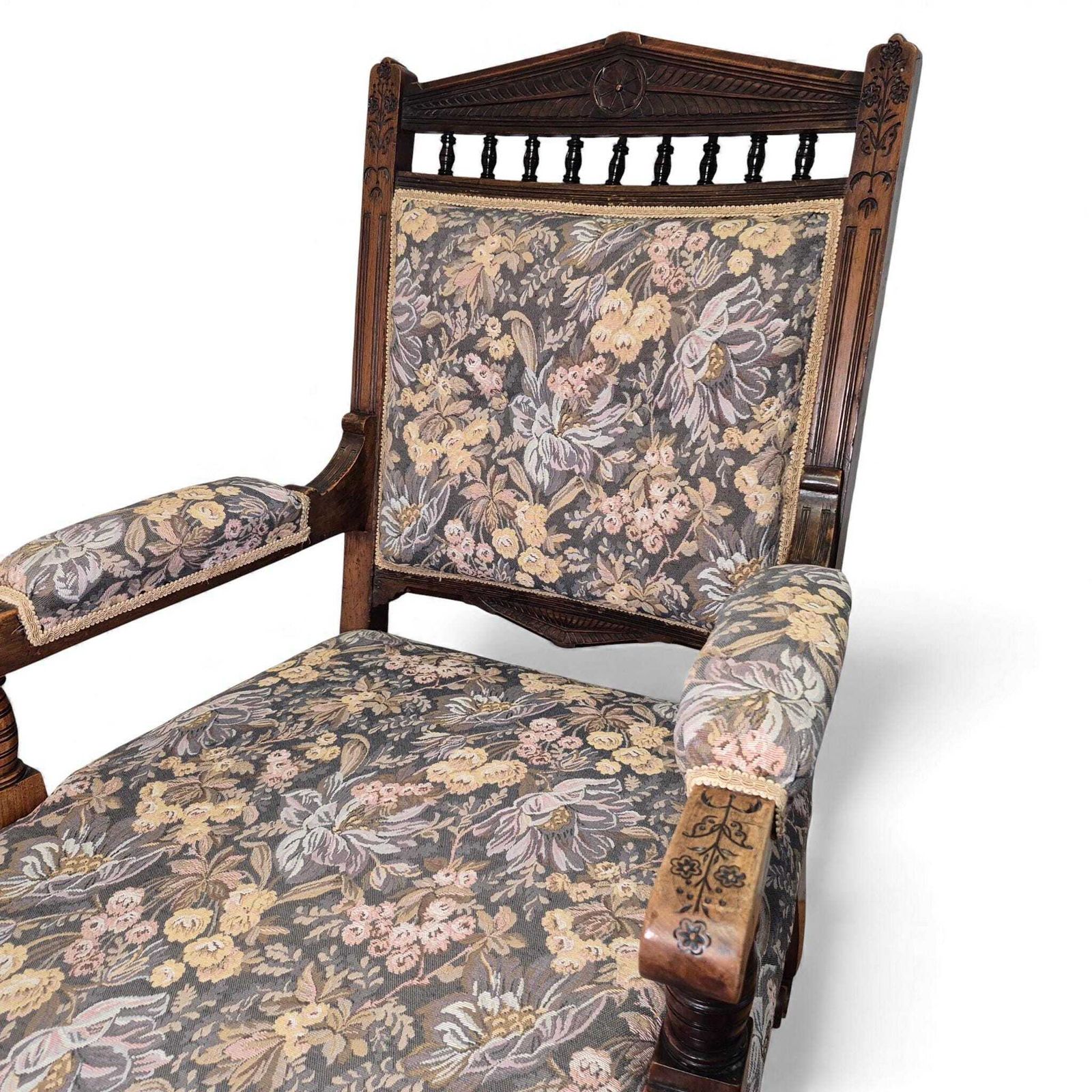 photo furniture Victorian Oak Nursing Chair – Carved Armchair With Floral Upholstery & Castors