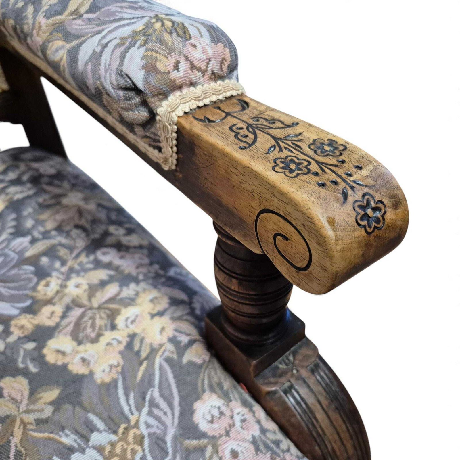 295.0 Victorian Oak Nursing Chair – Carved Armchair With Floral Upholstery & Castors photo