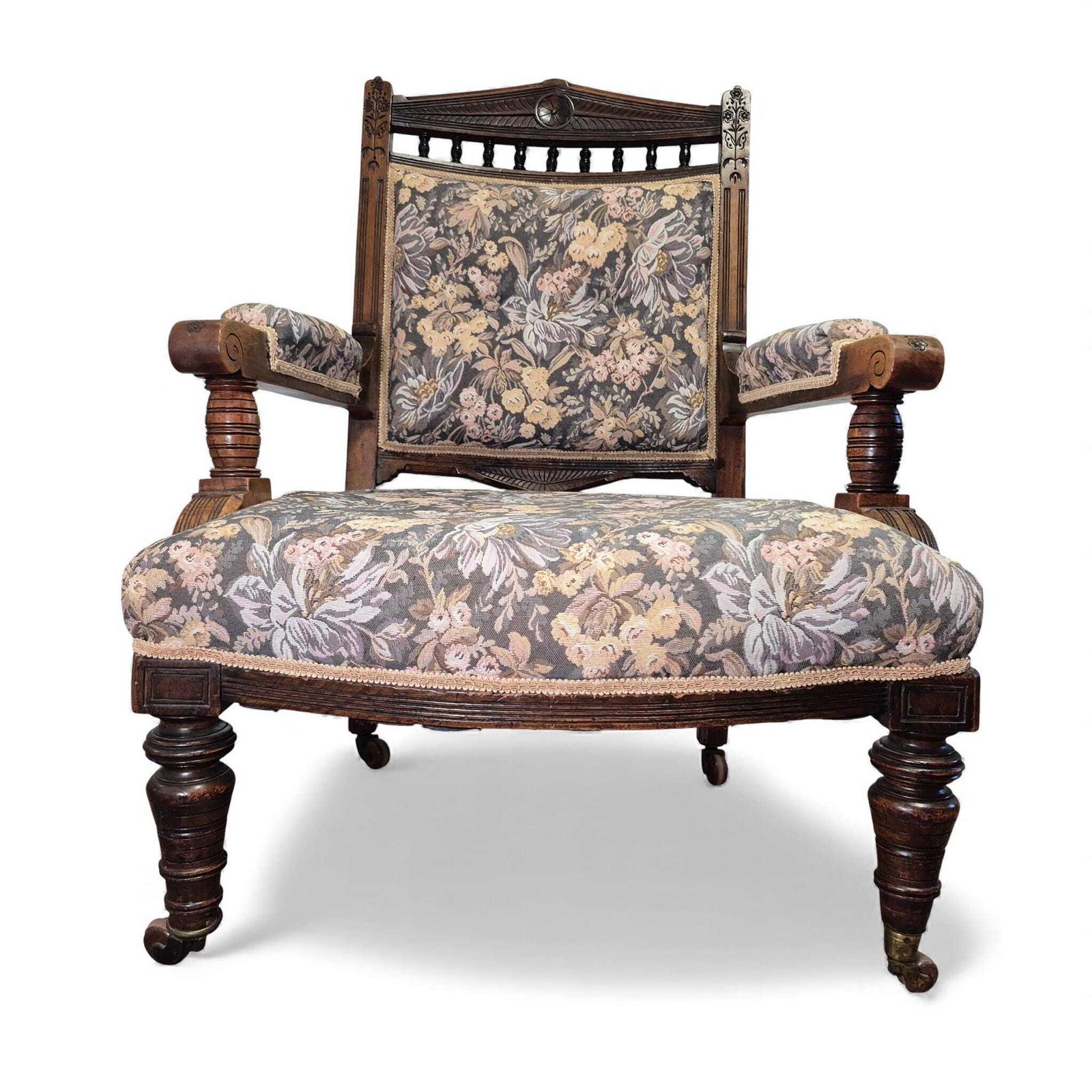 photo buy Victorian Oak Nursing Chair – Carved Armchair With Floral Upholstery & Castors