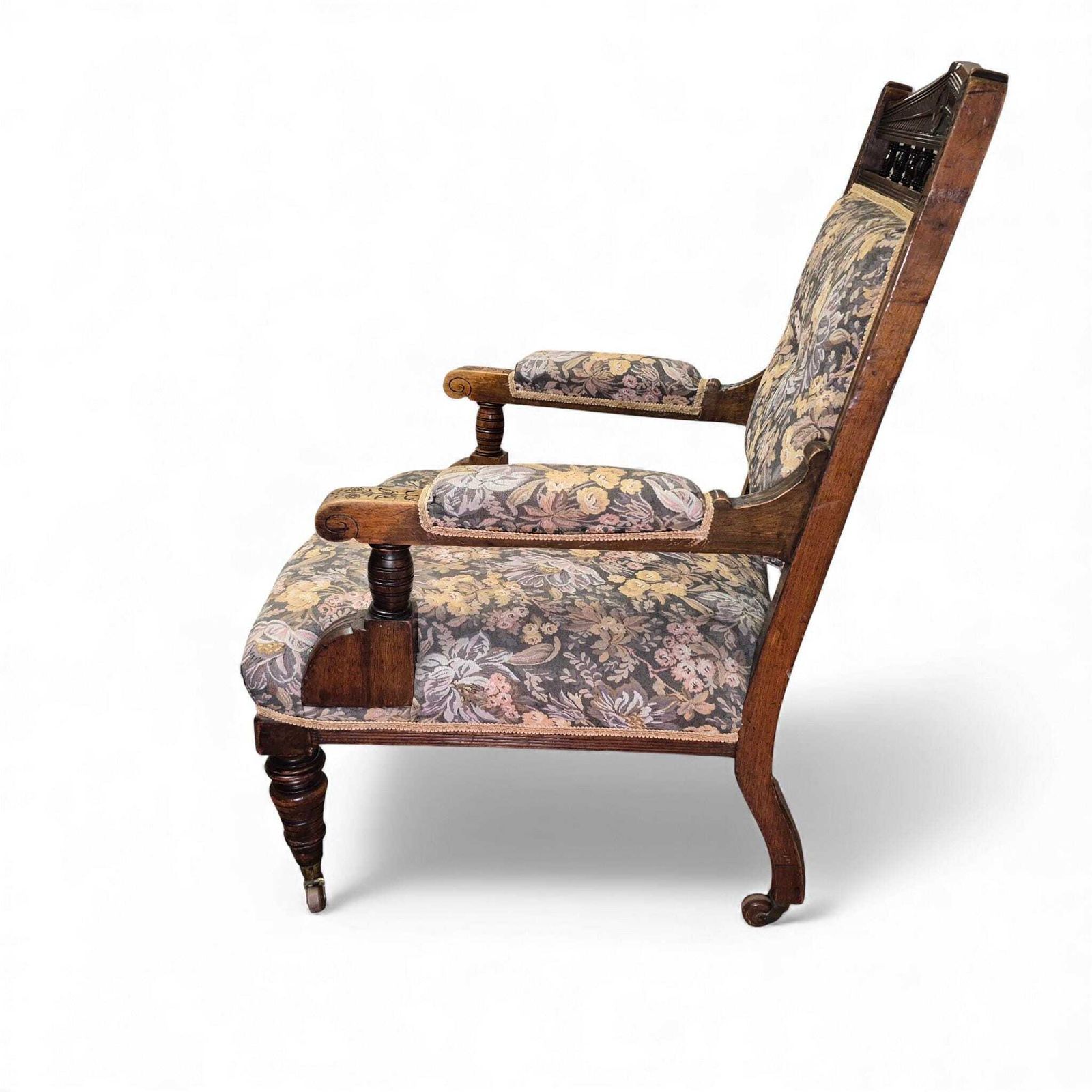 photo vintage Victorian Oak Nursing Chair – Carved Armchair With Floral Upholstery & Castors