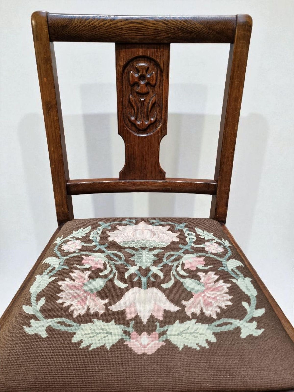 Vintage Art Deco Oak Dining Chairs / Tapestry Seats / Set Of Four / C. 1930–1940 photo for sale