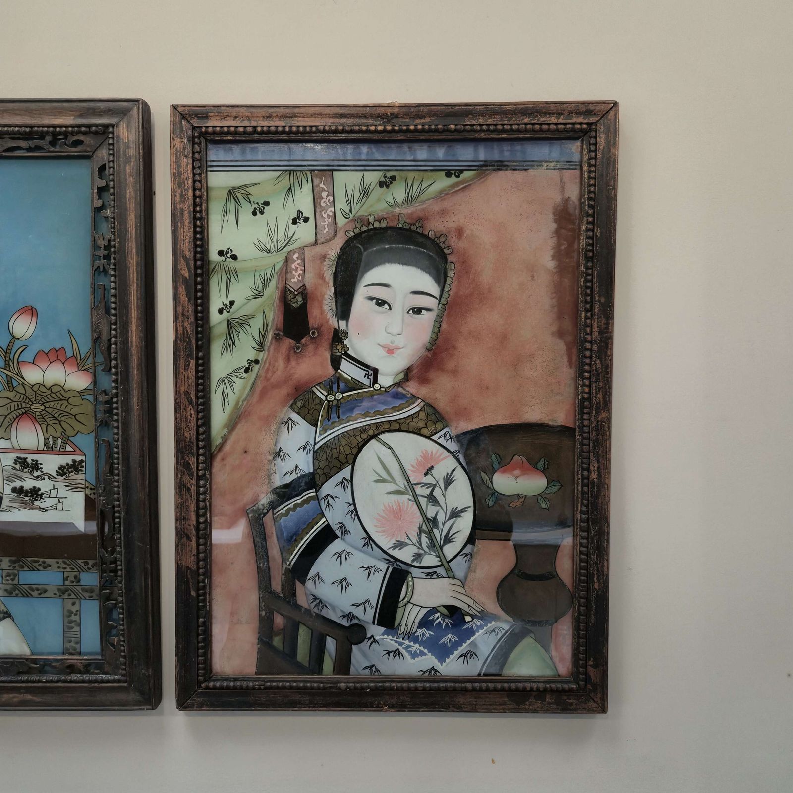 Antique Chinese Reverse Glass Paintings – Pair Of Qing Era Ladies photo Art