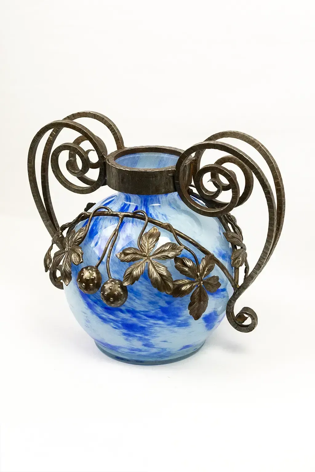 Art Nouveau Vase In Marbled Glass & Wrought Iron Mount, André Delatte Nancy, Circa 1925 photo vintage