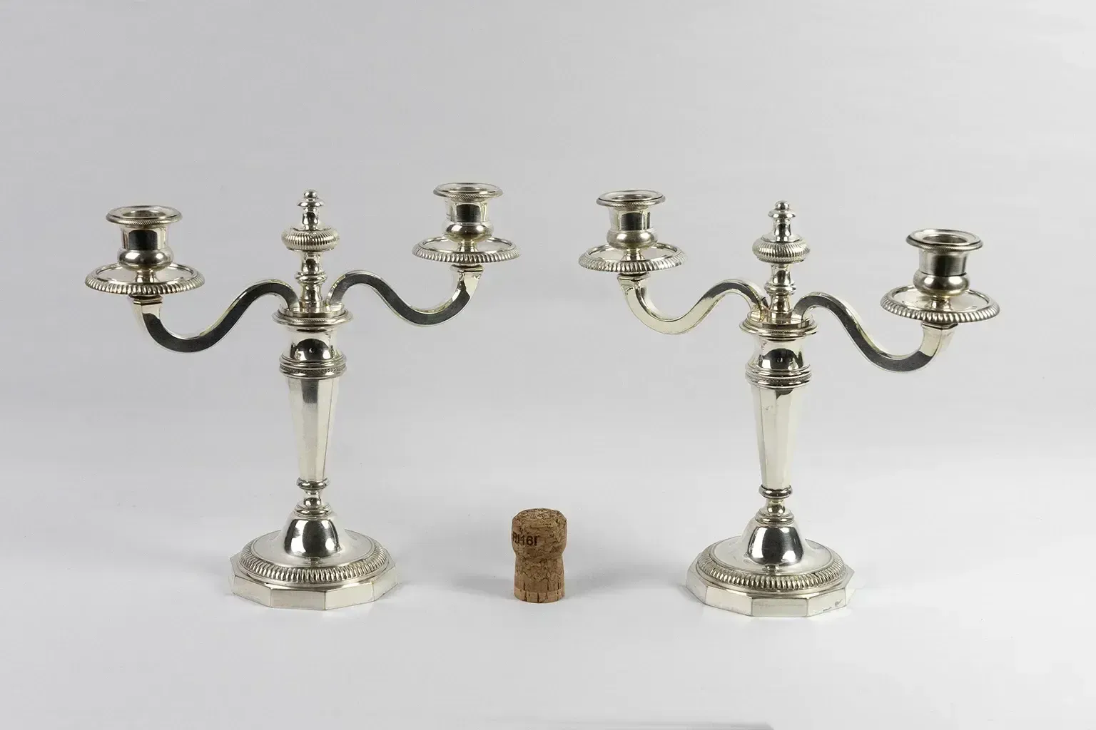Pair Of Two Light Silver Plated Metal Candelabra – Double Moon Hallmarks photo vintage