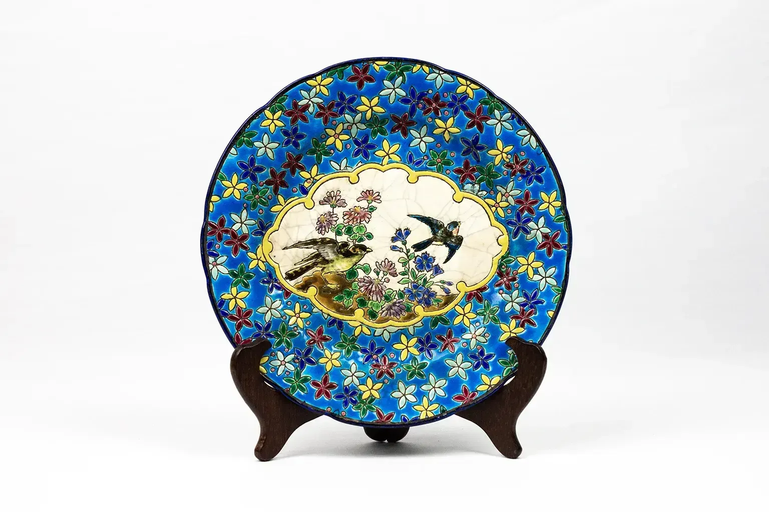 Longwy Plate Circa 1910 – Cloisonné Enamels Decorated With Birds And Flowers On A Blue Background