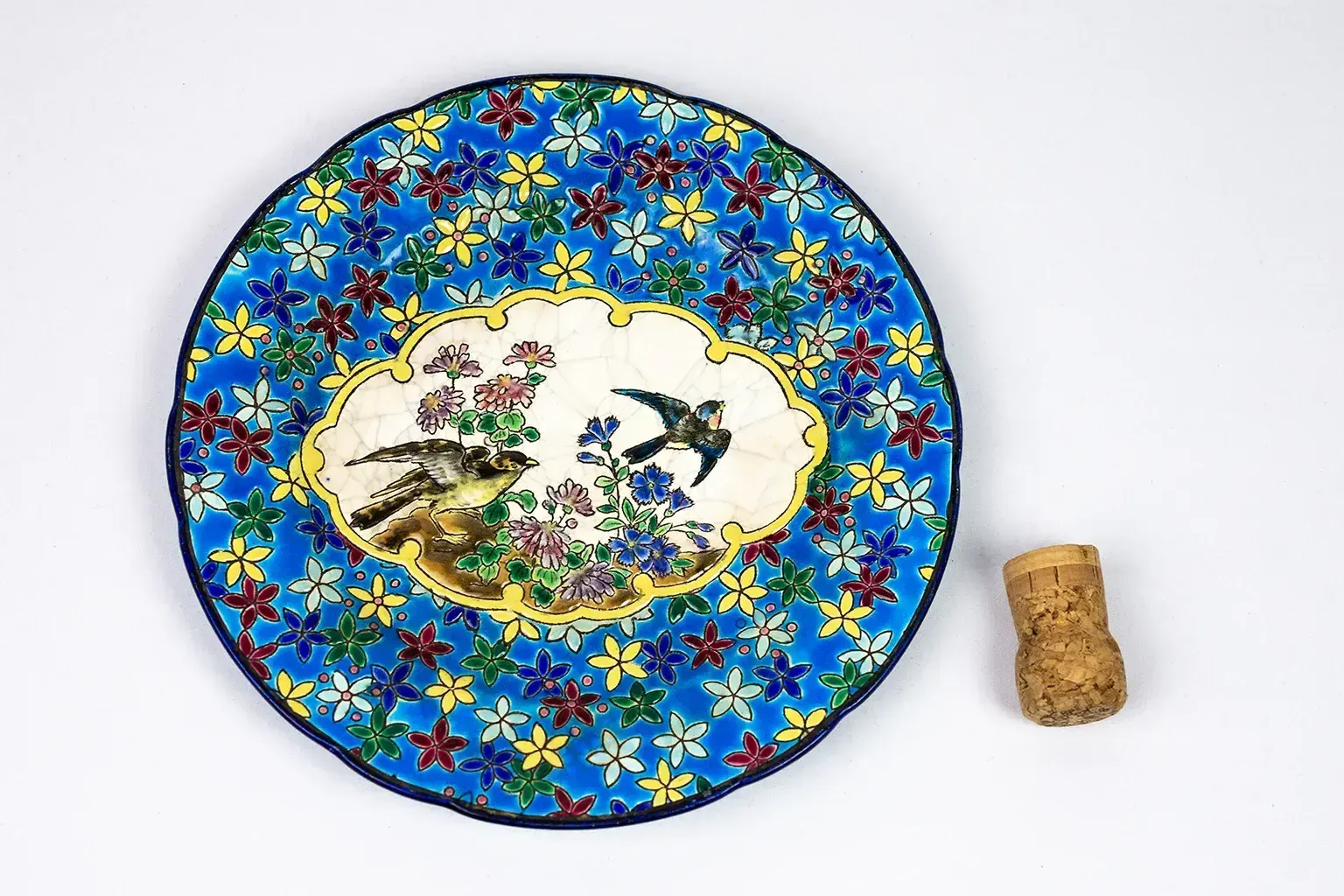 Longwy Plate Circa 1910 – Cloisonné Enamels Decorated With Birds And Flowers On A Blue Background photo for sale