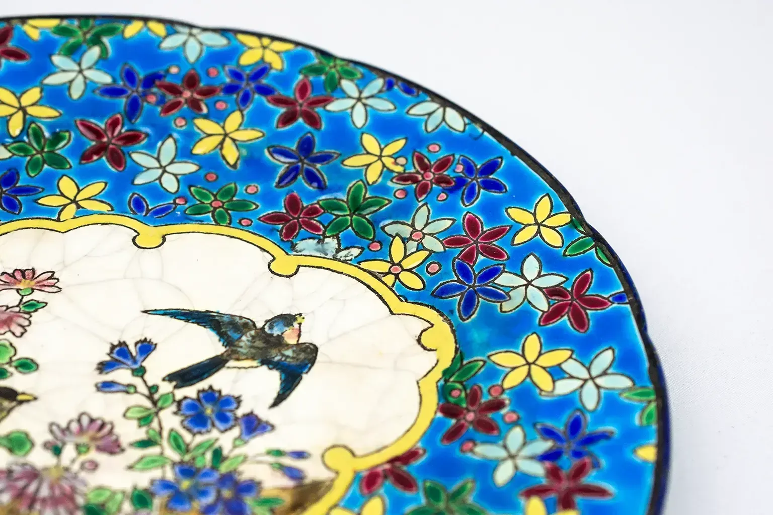 Longwy Plate Circa 1910 – Cloisonné Enamels Decorated With Birds And Flowers On A Blue Background photo vintage