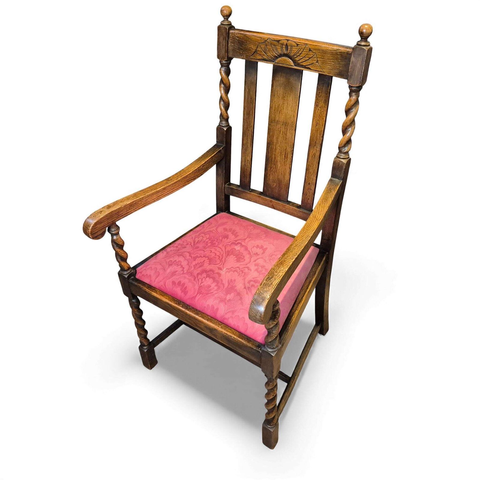 Vintage Oak Hall Chair – Carved Back & Barley Twist Armchair With Upholstered Seat