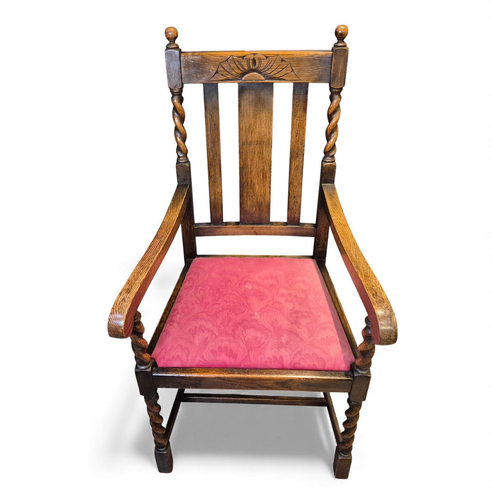 Vintage Oak Hall Chair – Carved Back & Barley Twist Armchair With Upholstered Seat photo vintage