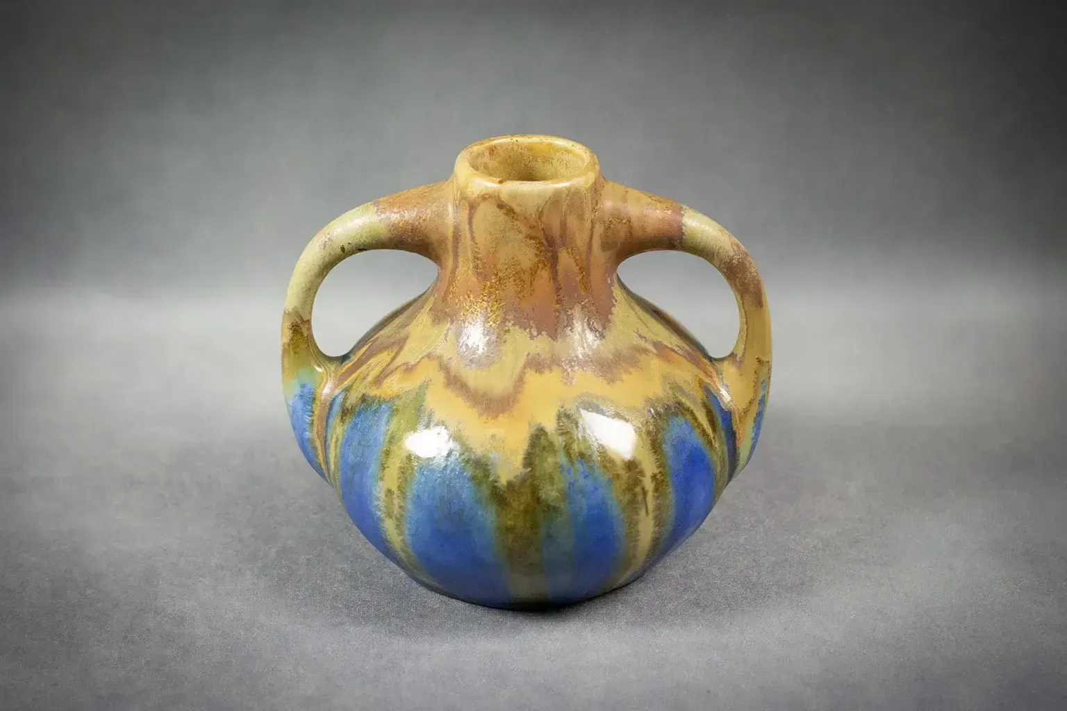Glazed Stoneware Vase By Gilbert Méténier Tawny And Blue Drips Circa 1930 photo for sale