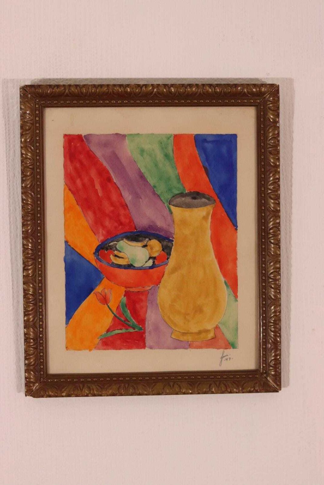 photo furniture Original Swedish Watercolor – “Vase With Fruit” – Vintage & Dated Jan 1947, Framed  36 × 30 Cm (14.2" × 11.8")