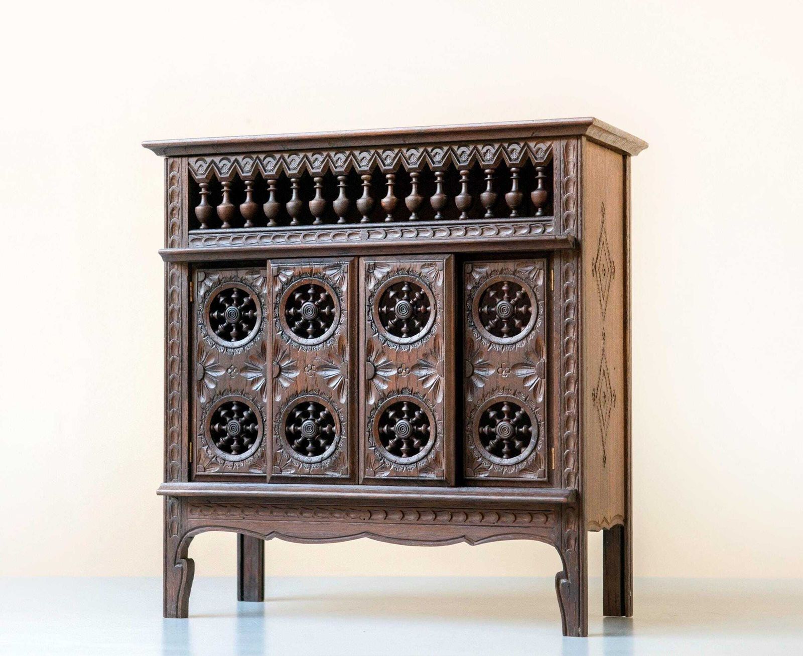 Antique French Breton Cabinet – Hand Carved Ornate Wooden Chest – Rustic Decorative Storage – Made In France