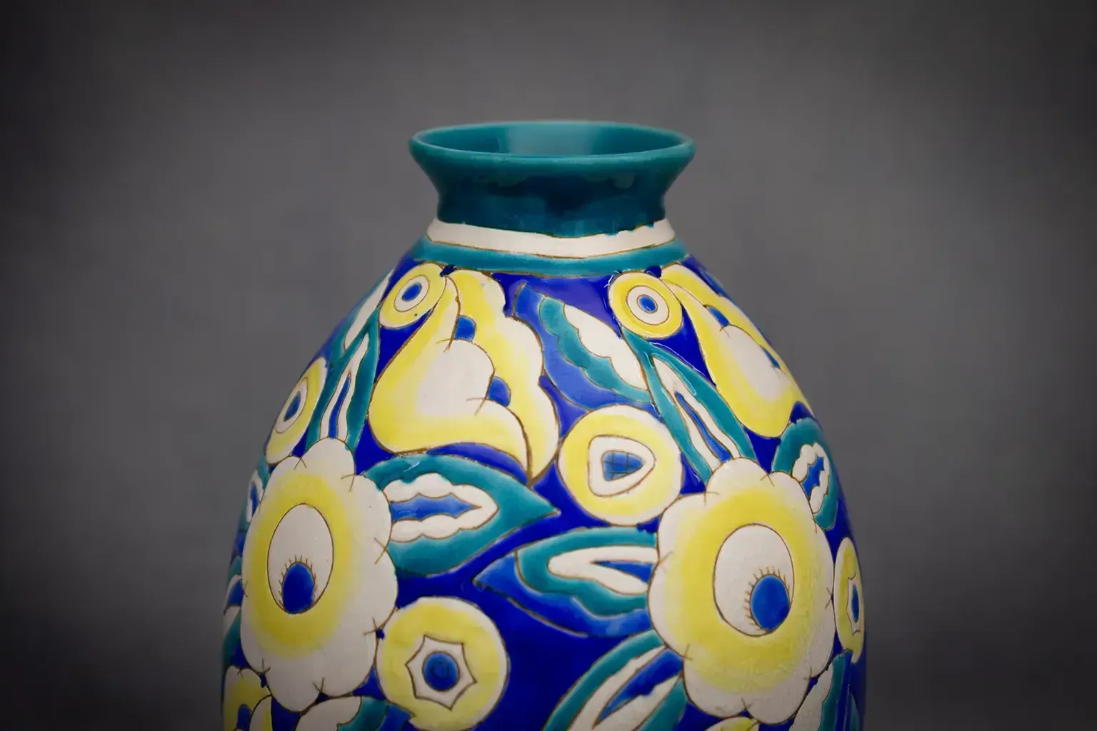Grand vase en faïence bleue à décor floral Art déco Keramis (D 1558) photo Décoration