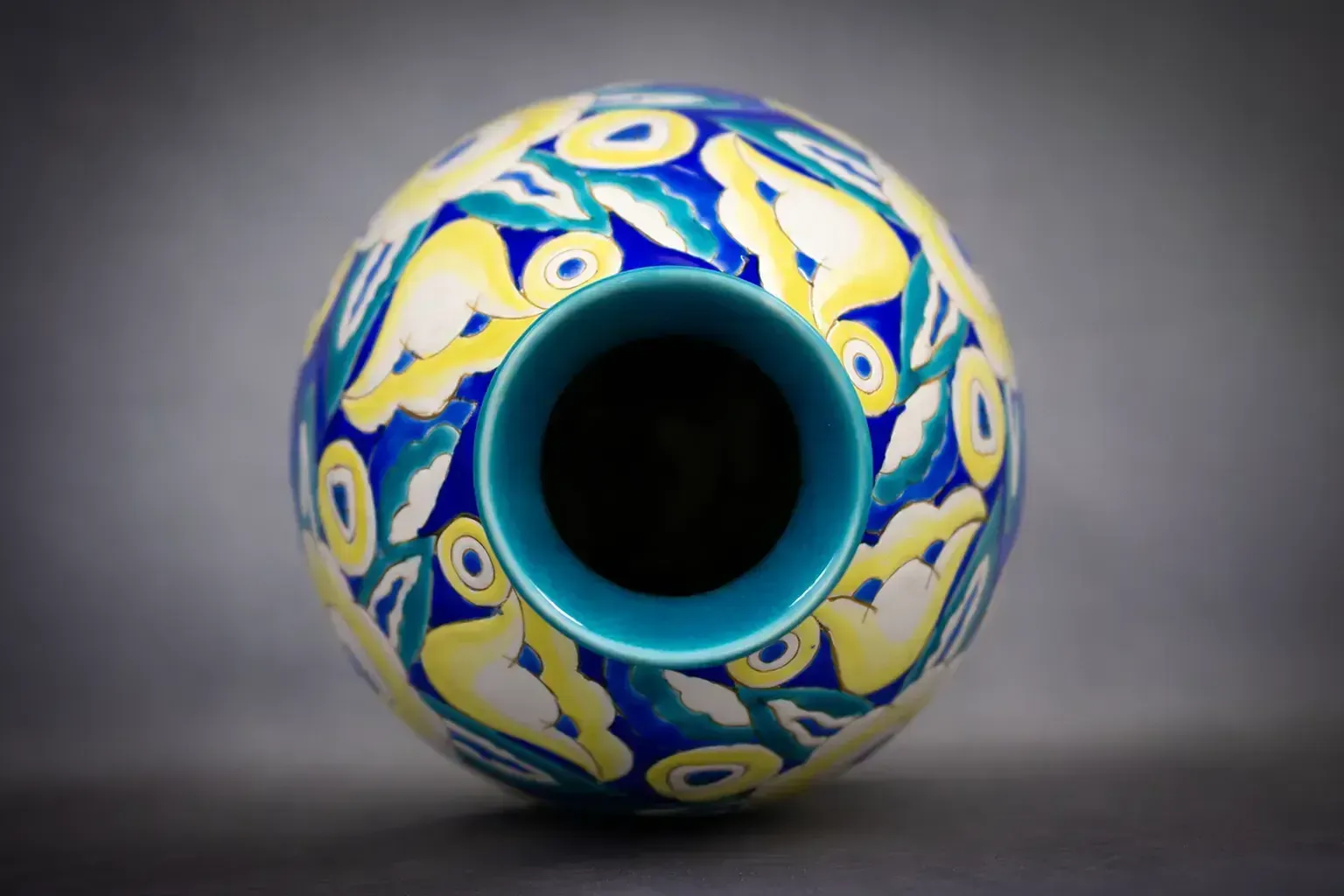 photo for sale Large Blue Earthenware Vase With Floral Art Deco Decoration Keramis (D 1558)