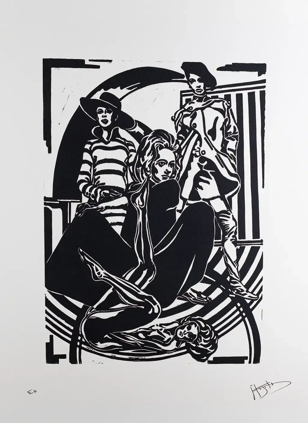 Linocut de Didier Angels - "Intimate Debates", années 1960 - Épreuve d'artiste signée