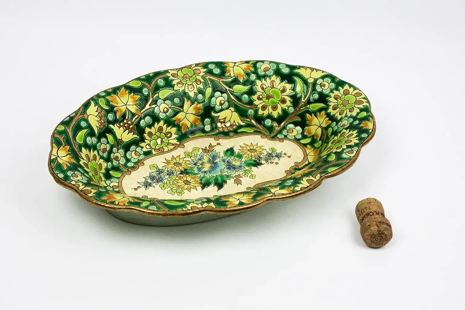 Longwy Cup In Cloisonné Enamels On A Green Background, Polychrome Floral Decoration And Gold photo vinterior