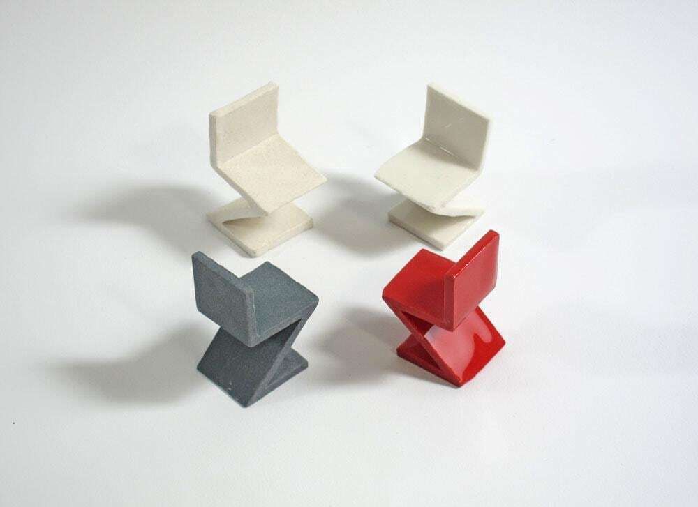 Collector’s Set Of 4 Rietveld Inspired Zig Zag Miniature Porcelain Ceramic Chairs