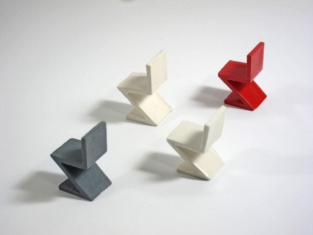Collector’s Set Of 4 Rietveld Inspired Zig Zag Miniature Porcelain Ceramic Chairs photo vinterior