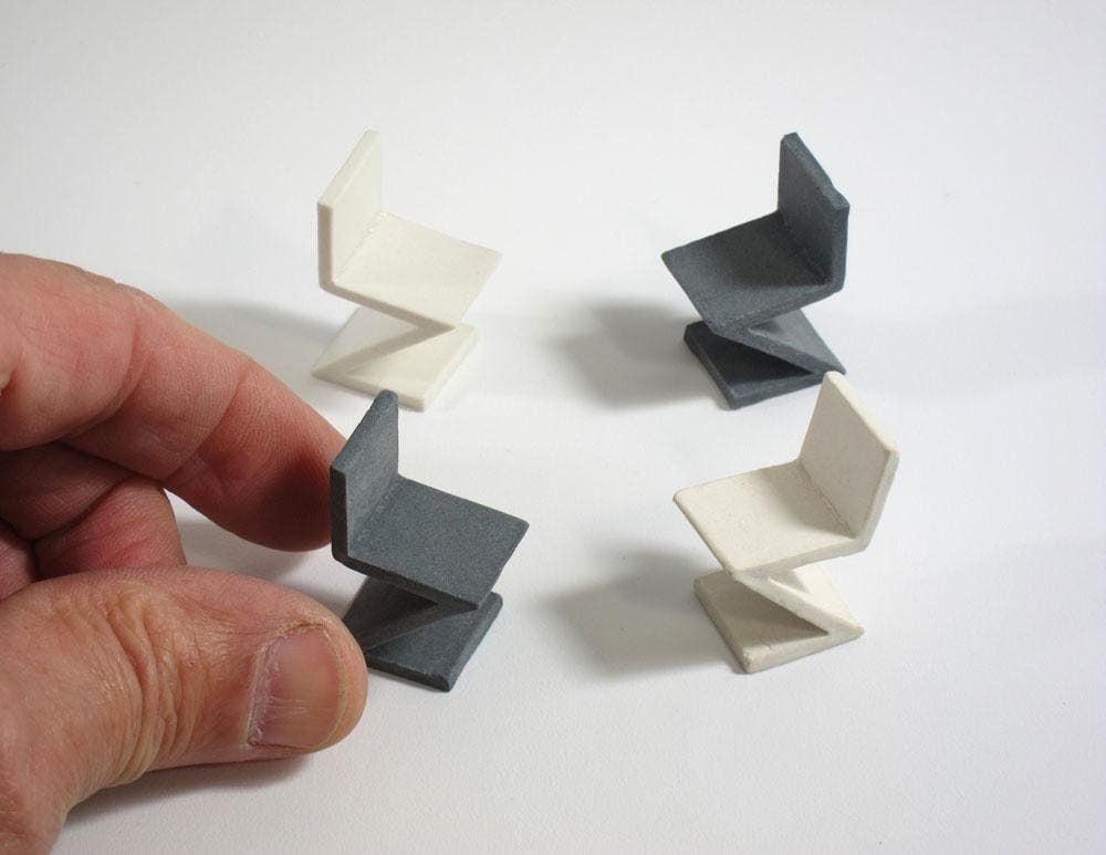 Collector’s Set Of 4 Rietveld Inspired Zig Zag Miniature Porcelain Ceramic Chairs photo for sale