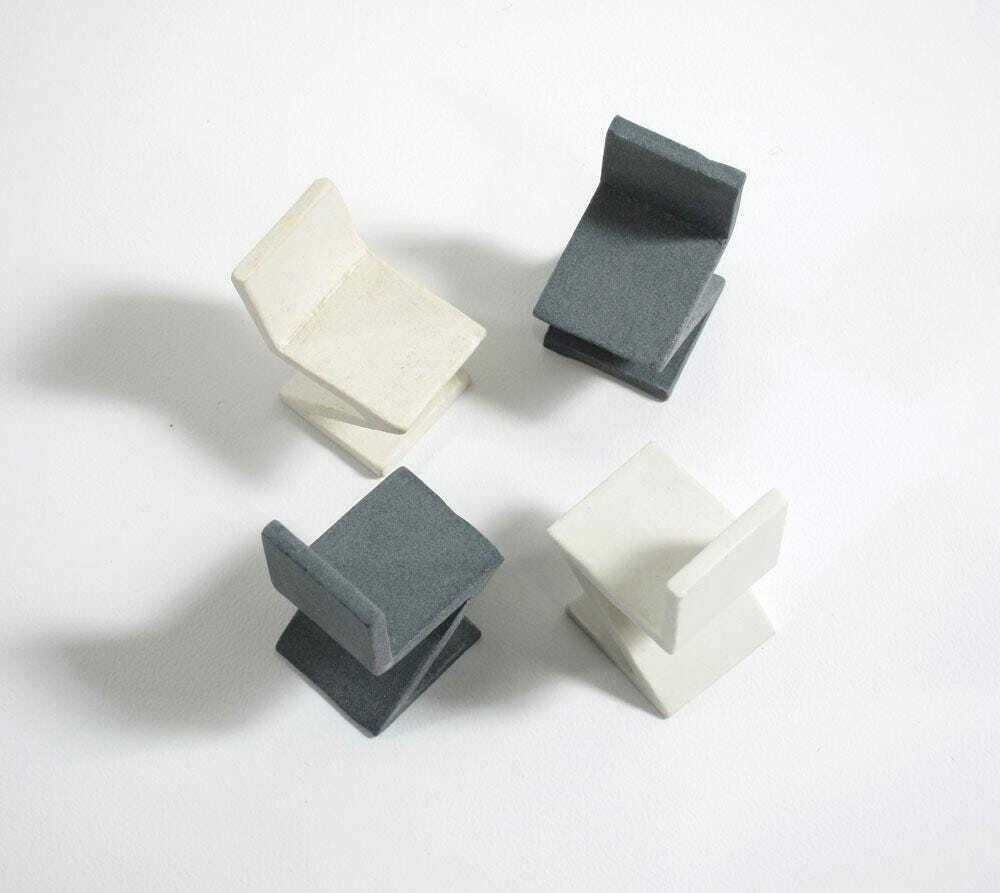 Collector’s Set Of 4 Rietveld Inspired Zig Zag Miniature Porcelain Ceramic Chairs photo vinterior