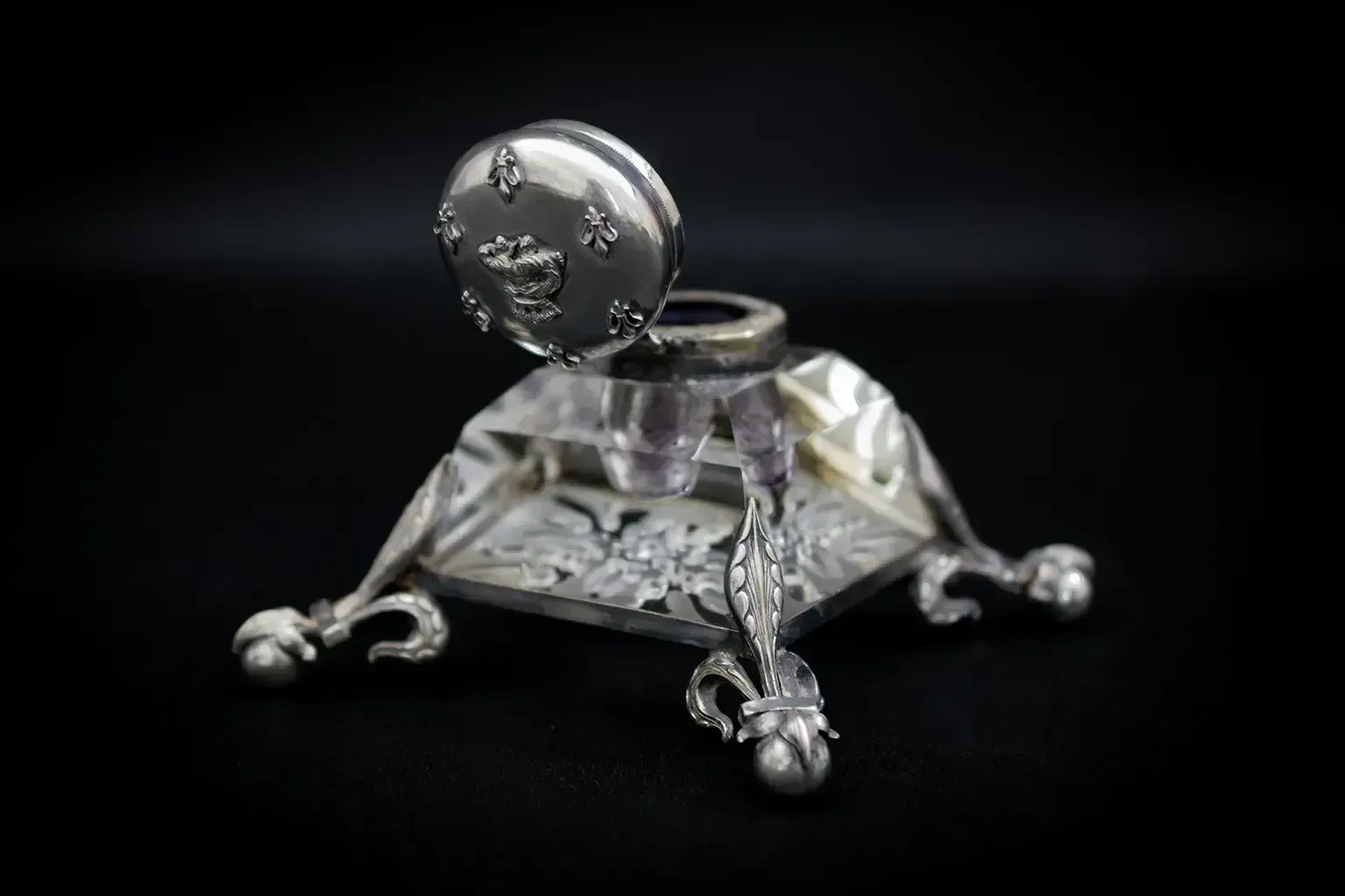 Crystal And Silver Plated Metal Inkwell With Salamander And Fleur De Lis   French Antic photo for sale