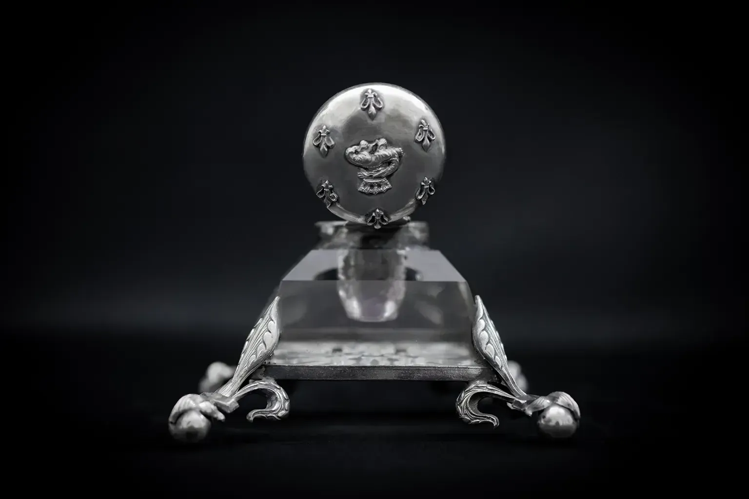 Crystal And Silver Plated Metal Inkwell With Salamander And Fleur De Lis   French Antic photo Home Decor