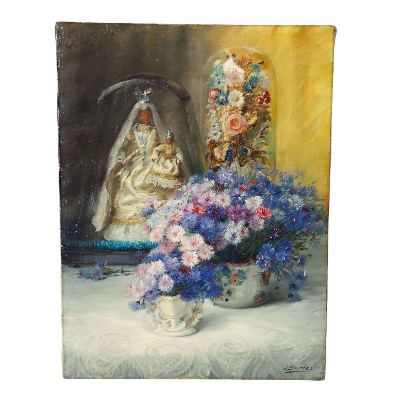 Antique Oil Painting On Canvas – Still Life With Religious Figurines And Flowers