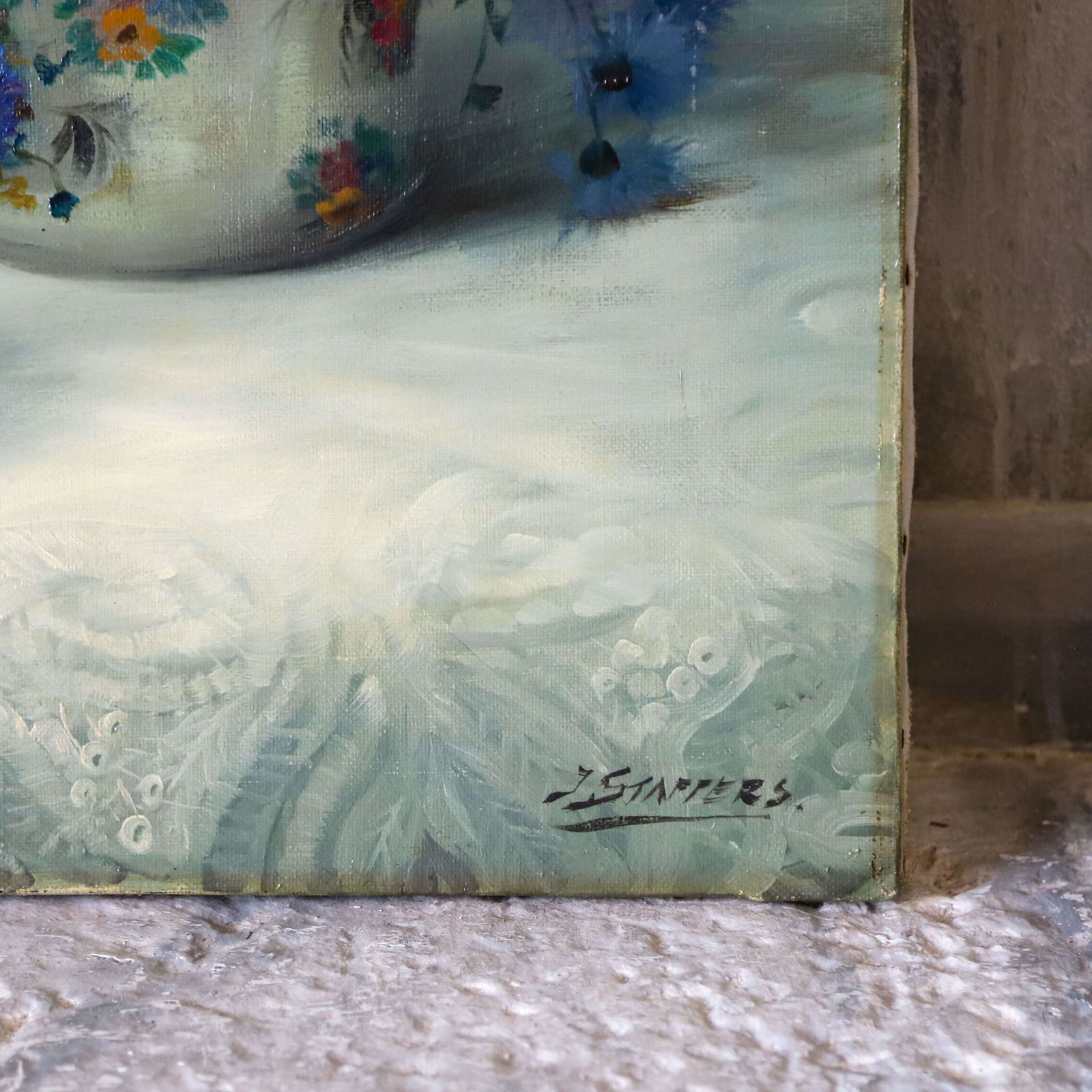 Antique Oil Painting On Canvas – Still Life With Religious Figurines And Flowers photo for sale