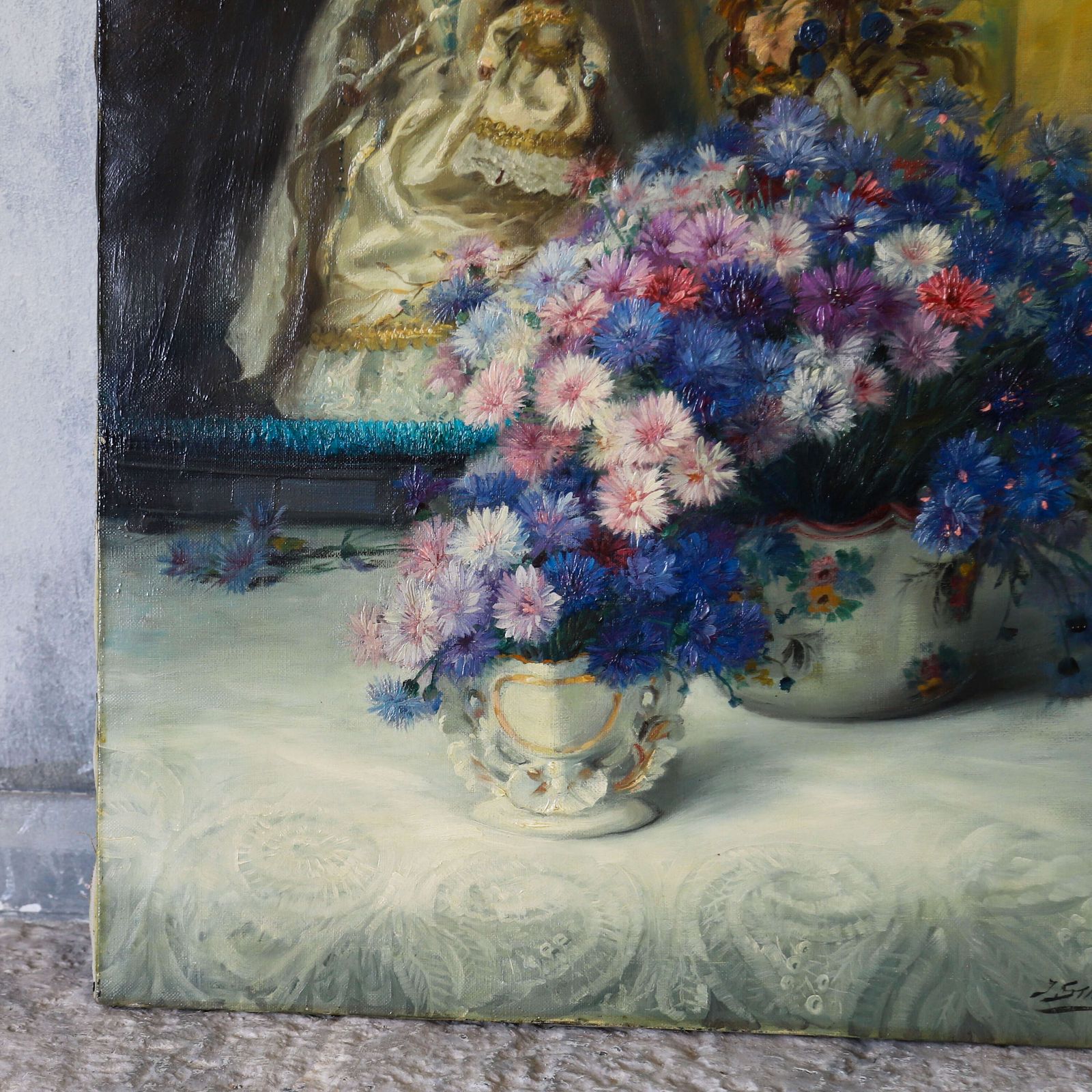 Antique Oil Painting On Canvas – Still Life With Religious Figurines And Flowers photo Art