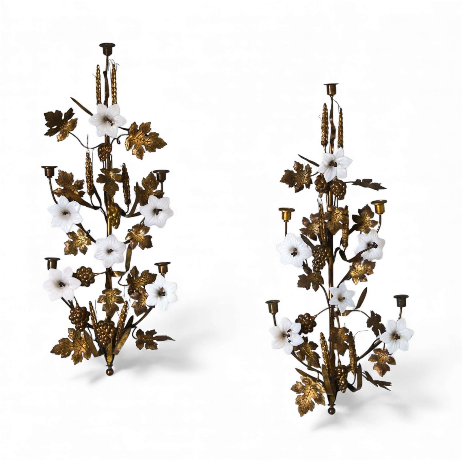 Pair Of Decorative Gilt Metal Wall Sconces With Glass Flowers — French, Mid 20th Century