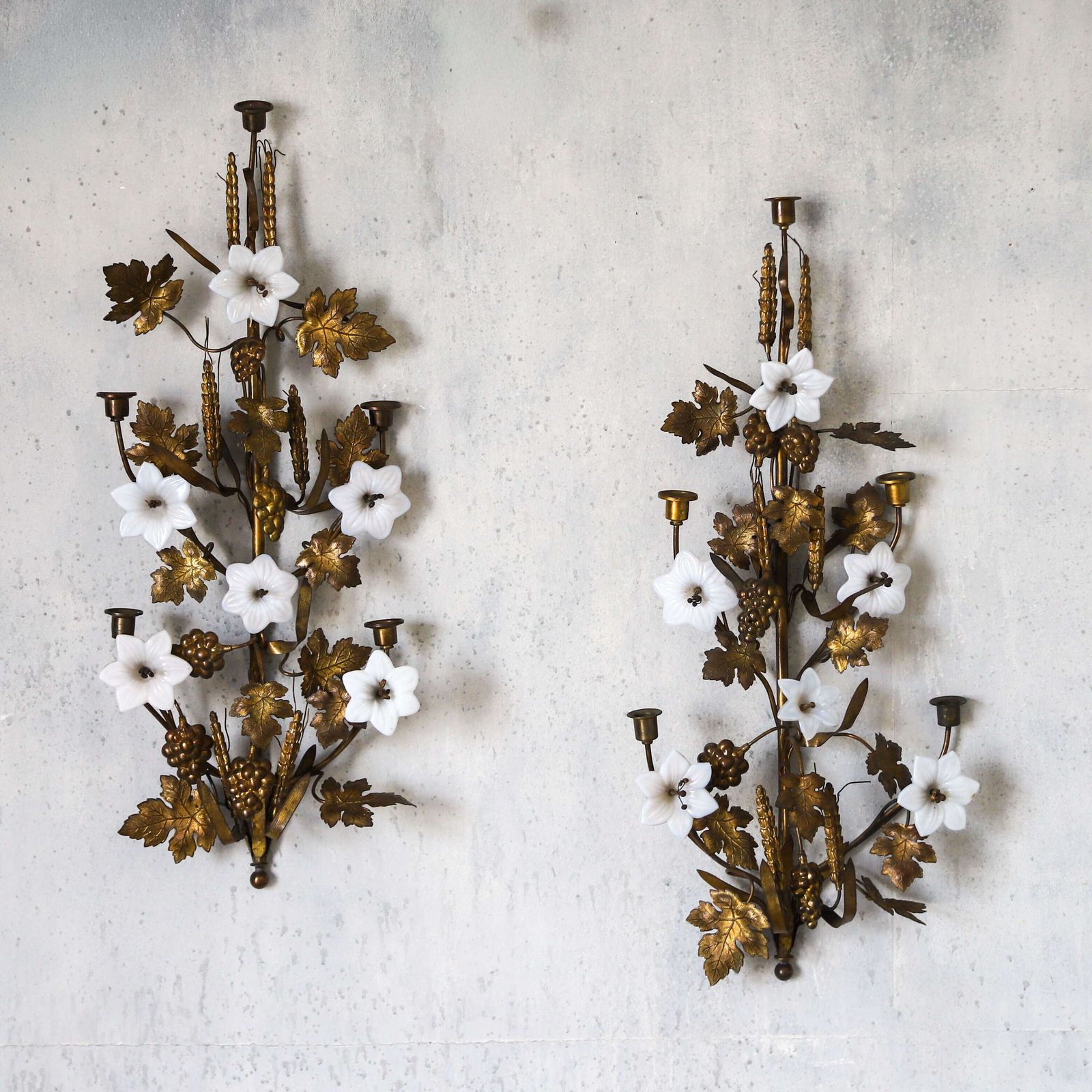 Pair Of Decorative Gilt Metal Wall Sconces With Glass Flowers — French, Mid 20th Century photo furniture