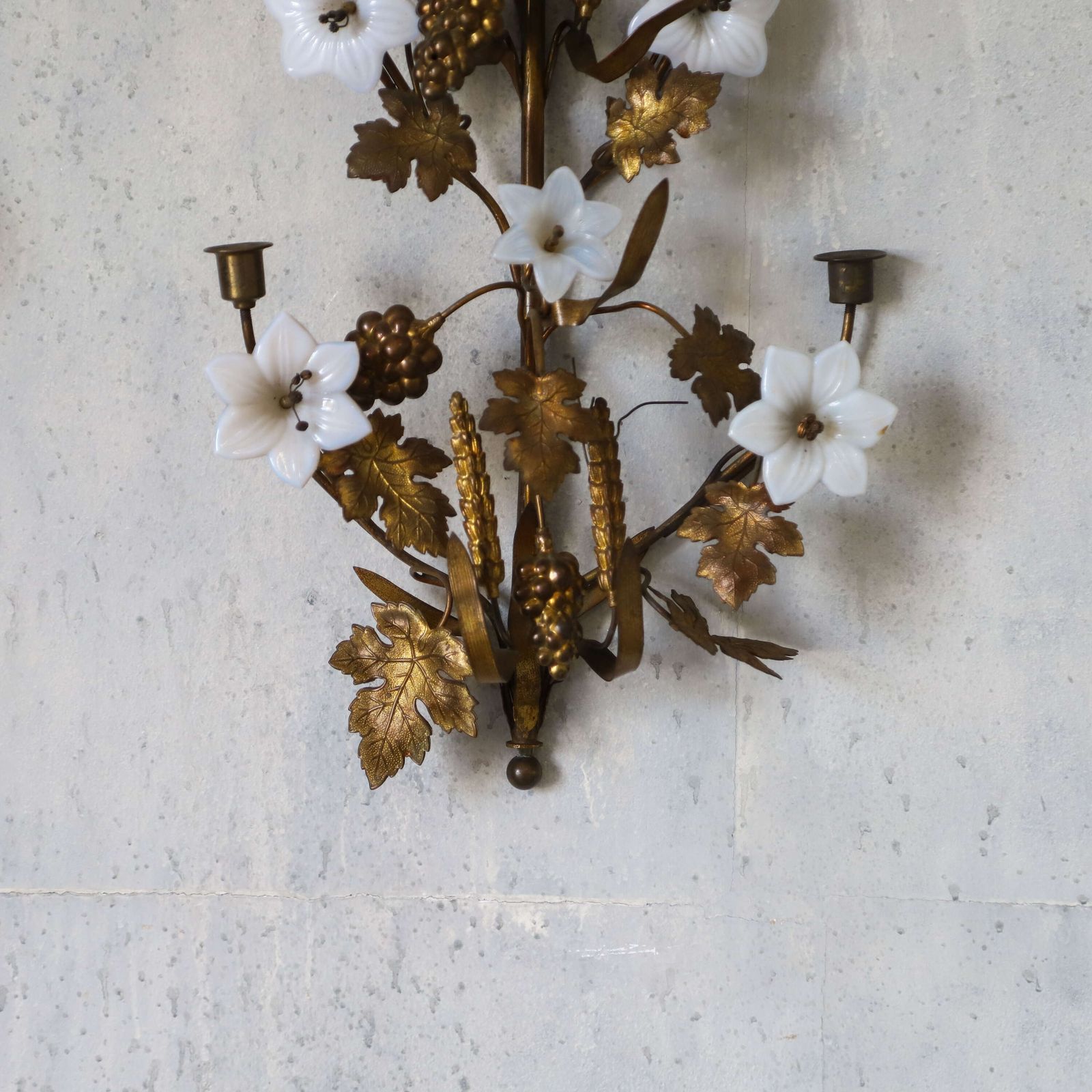 Pair Of Decorative Gilt Metal Wall Sconces With Glass Flowers — French, Mid 20th Century photo Lighting
