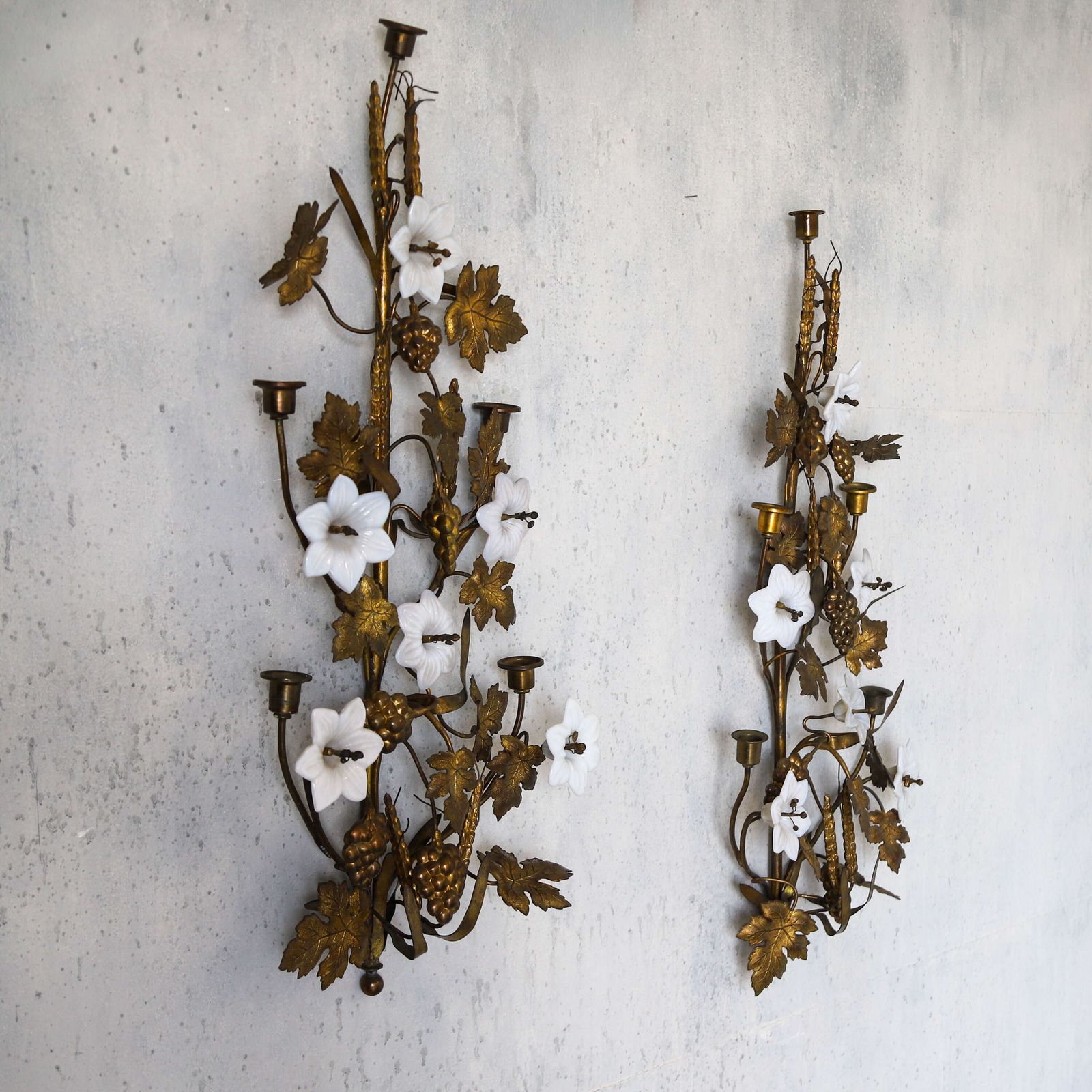 photo furniture Pair Of Decorative Gilt Metal Wall Sconces With Glass Flowers — French, Mid 20th Century
