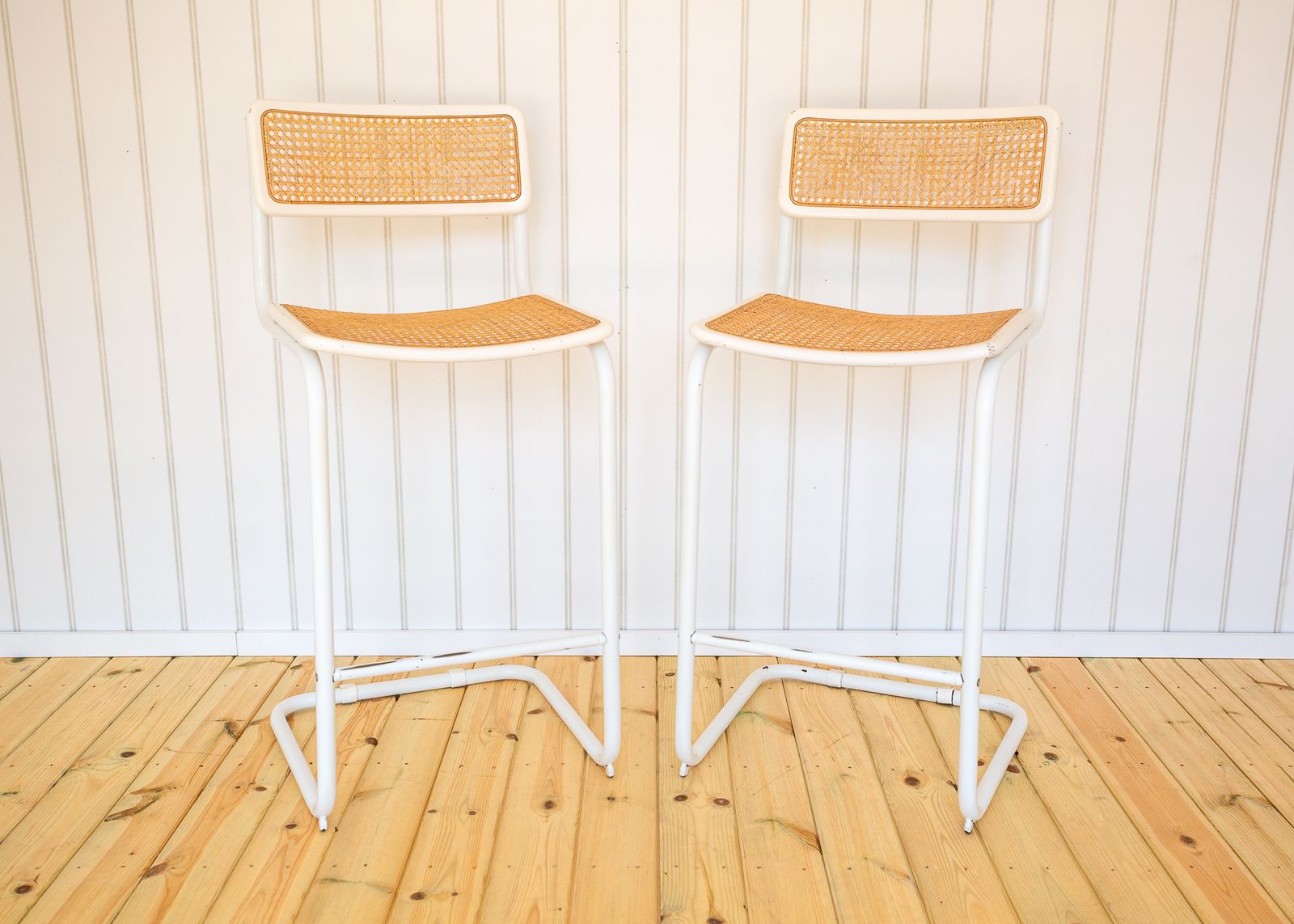 photo for sale 2 White Cesca Barstools Marcel Breuer B64 S64 Bauhaus Rattan Bar Chair Mcm 1970s Pair Bar Stools Bar Chairs Mid Century