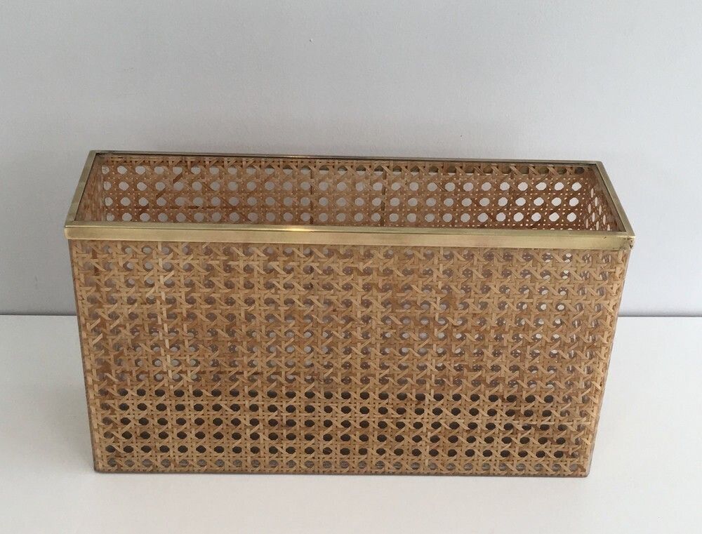 In The Style Of Christian Dior And Gabriella Crespi. Lucite, Brass And Encrusted Cane Magazine Rack. French. Circa 1970 photo for sale
