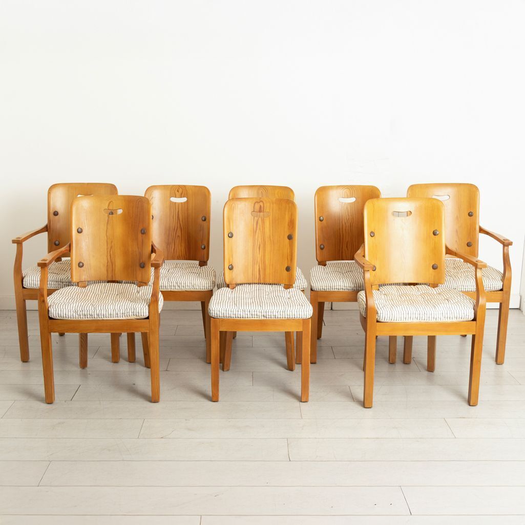 Set Of 8 Swedish Pine Sportstuga Mobler Chairs In The Manner Of Axel Hjorth, With Original Ticking Cushions & Webbing
